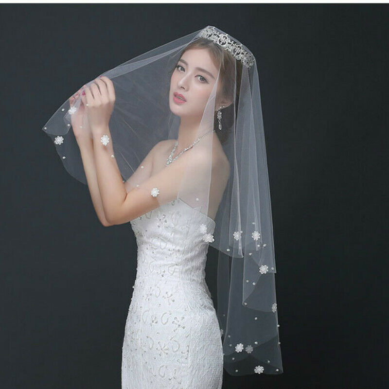 Elbow Length Wedding Bridal Veils Floral Lace Edge Beaded White Accessories New