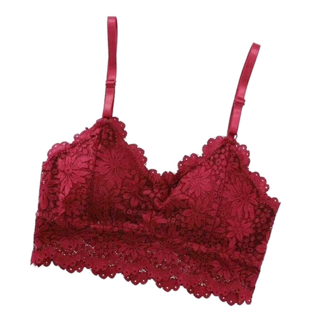 Womens Lace Floral Bralette Bra Bustier Padded Crop Top Tank Tops Wine Red