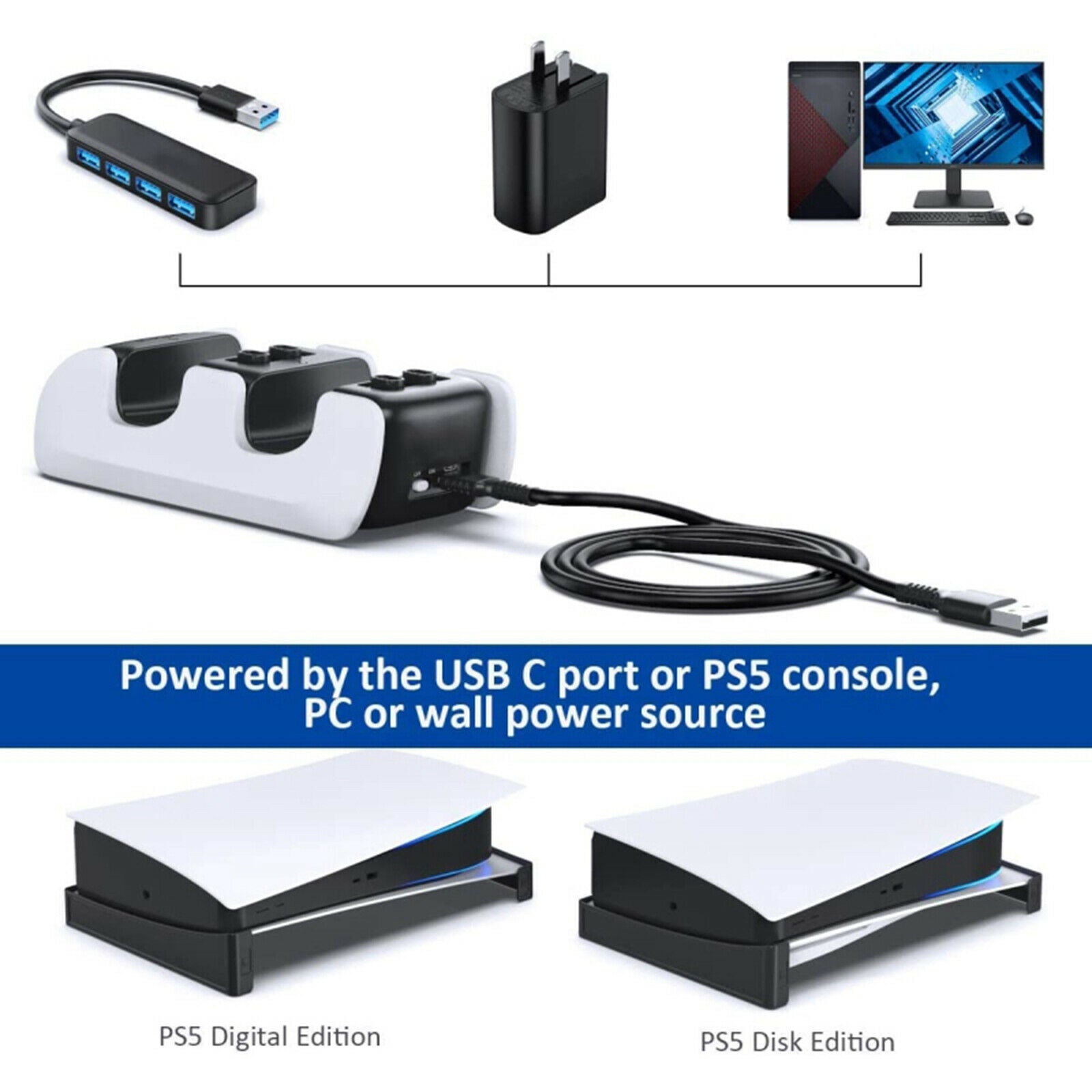 Portable Dual Charging Station Charger Stand for PS5 Controller Safe Compact