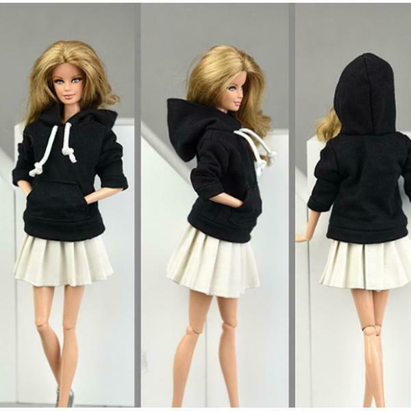 Fashionable BJD Black Hoodie & Pleated Skirt For 1/6  BB Outfits