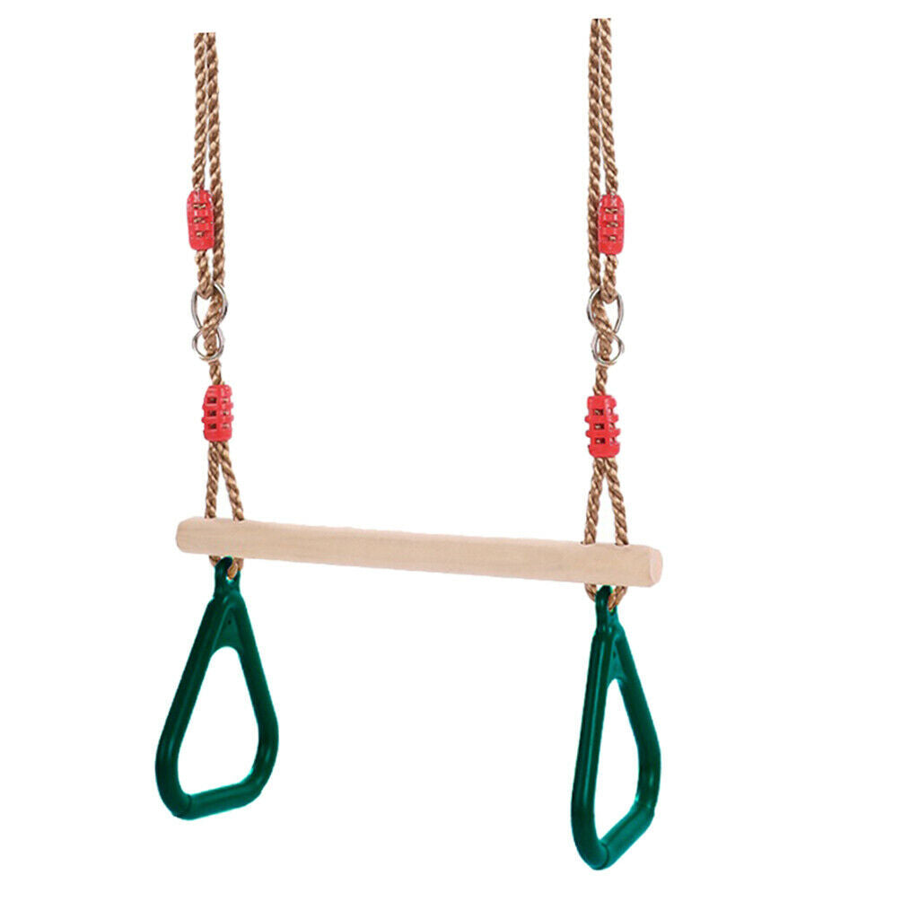 Children Playground Wooden Trapeze Swing with Triangular Gym Rings Fun Green