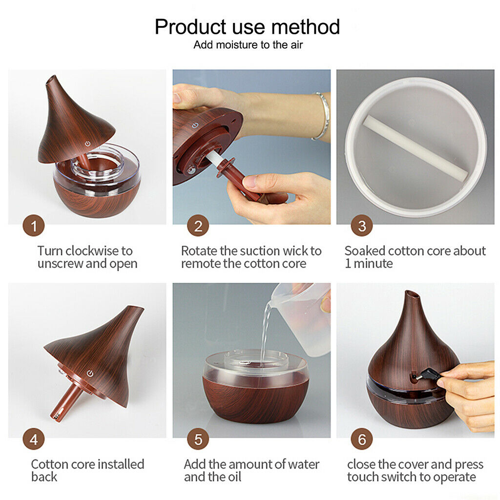 300ml Mist Humidifier Aromatherapy Diffuer with LED Light Top Fill Brown