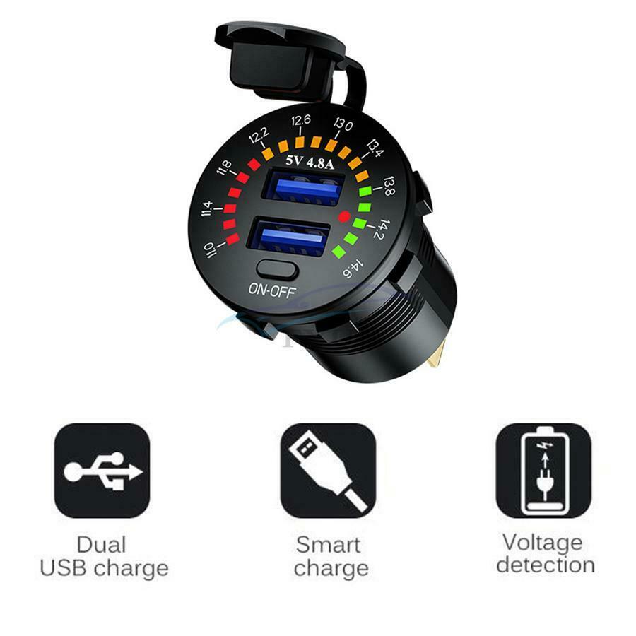 1PCS Car Dual USB Socket 4.8A Phone Charger Black with LED Voltmeter Switch