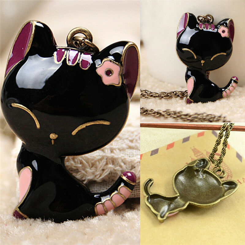 Retro Jewelry Black Drip Paint Smile Cat Pendant Necklace Long Necklac.l8