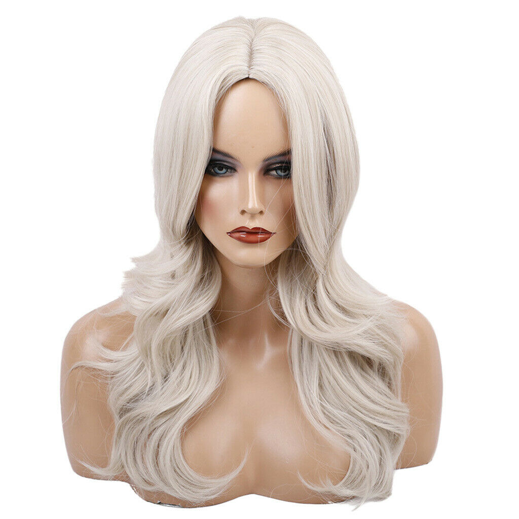 Women Synthetic Long Curly Wavy Wig White Mixed Color Side Part Full Wigs