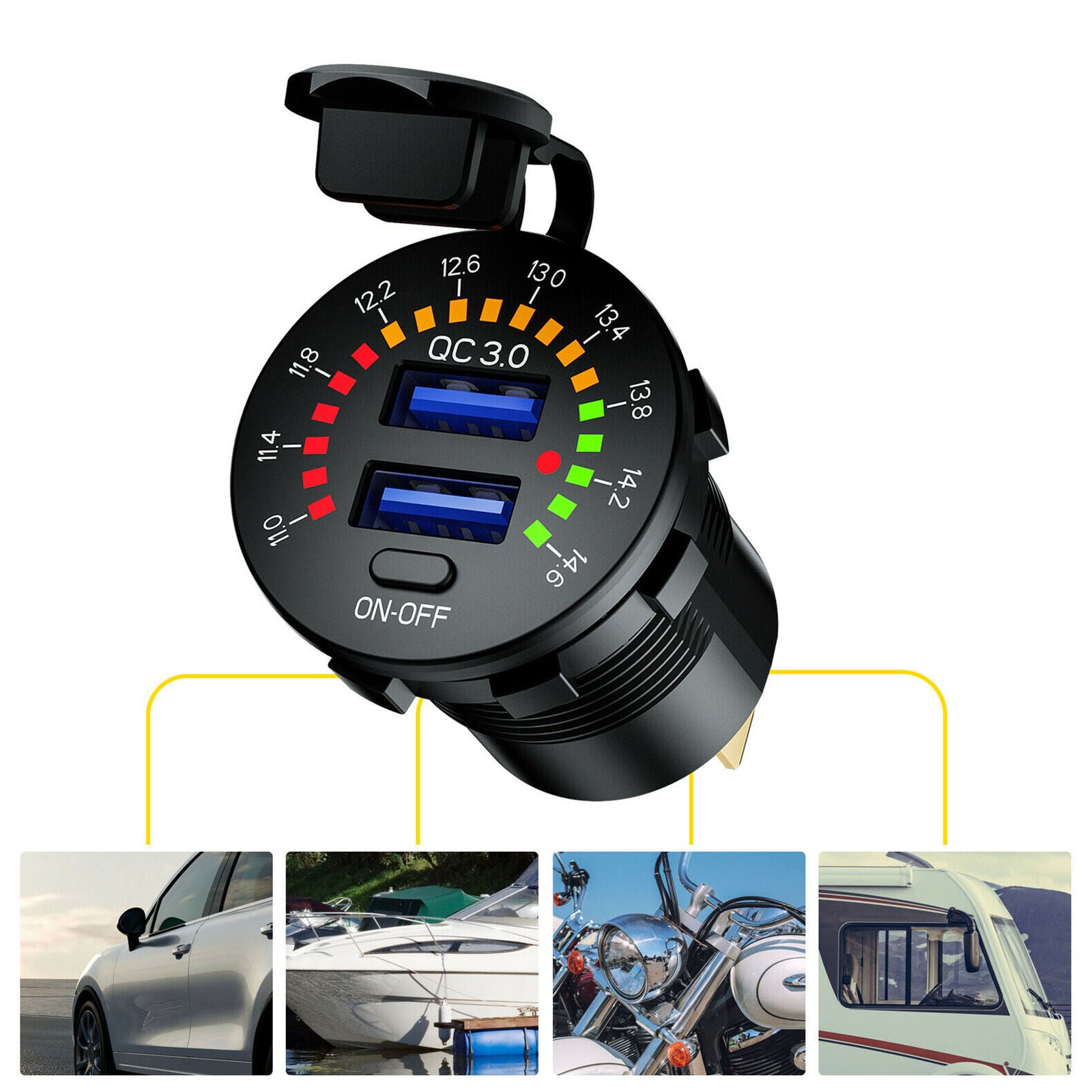 QC3.0 Dual USB Charger Socket w/ Voltmeter & Wire Waterproof for Car Marine Boat