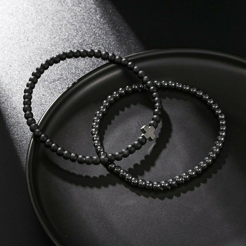 2Pcs/Set Crown Frosted Stone Beaded Bracelet Bangle Wristband Men Jewelry Gifts