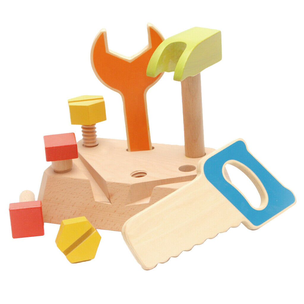 Wooden Construction Working Tools Play Set with a Wooden Base, Preschool Toys