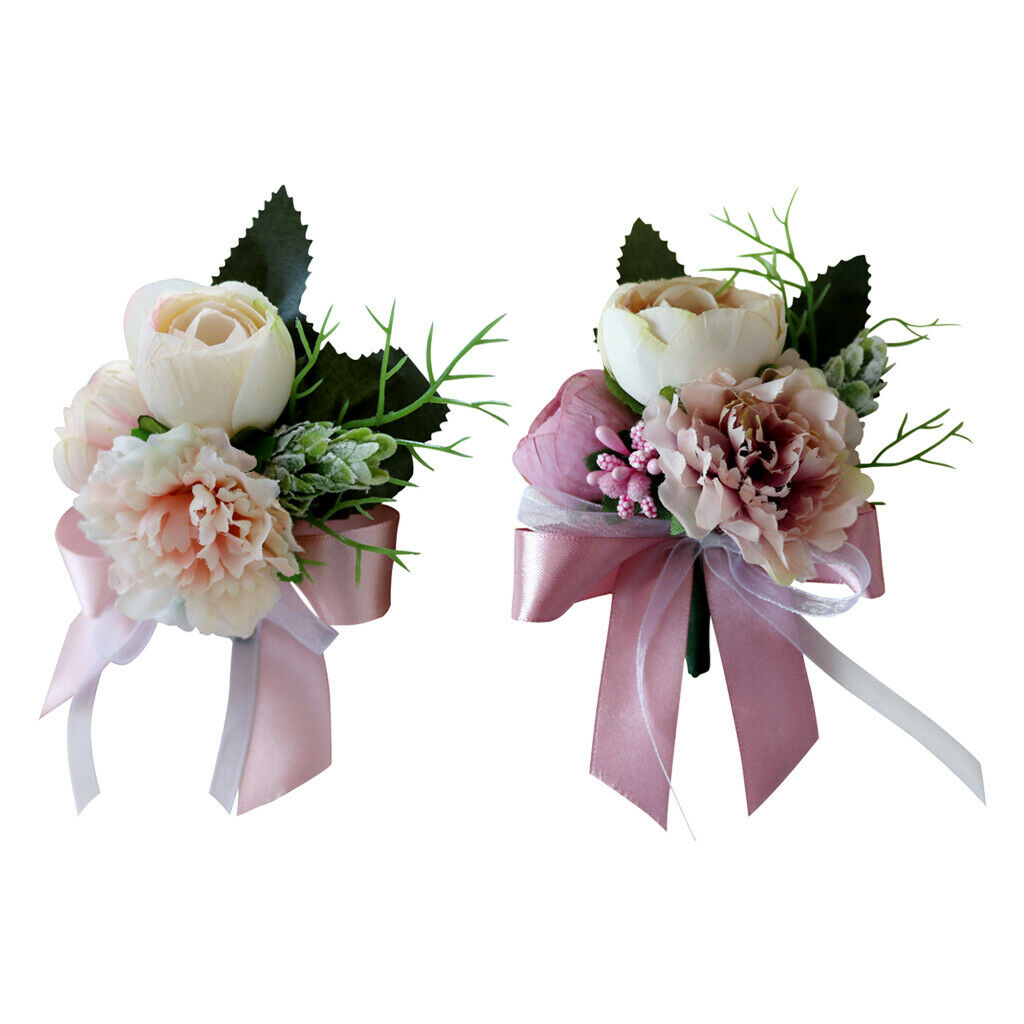 2Pcs/Set Wedding Silk flower Corsage Tea Rose Boutonniere Broach Decor