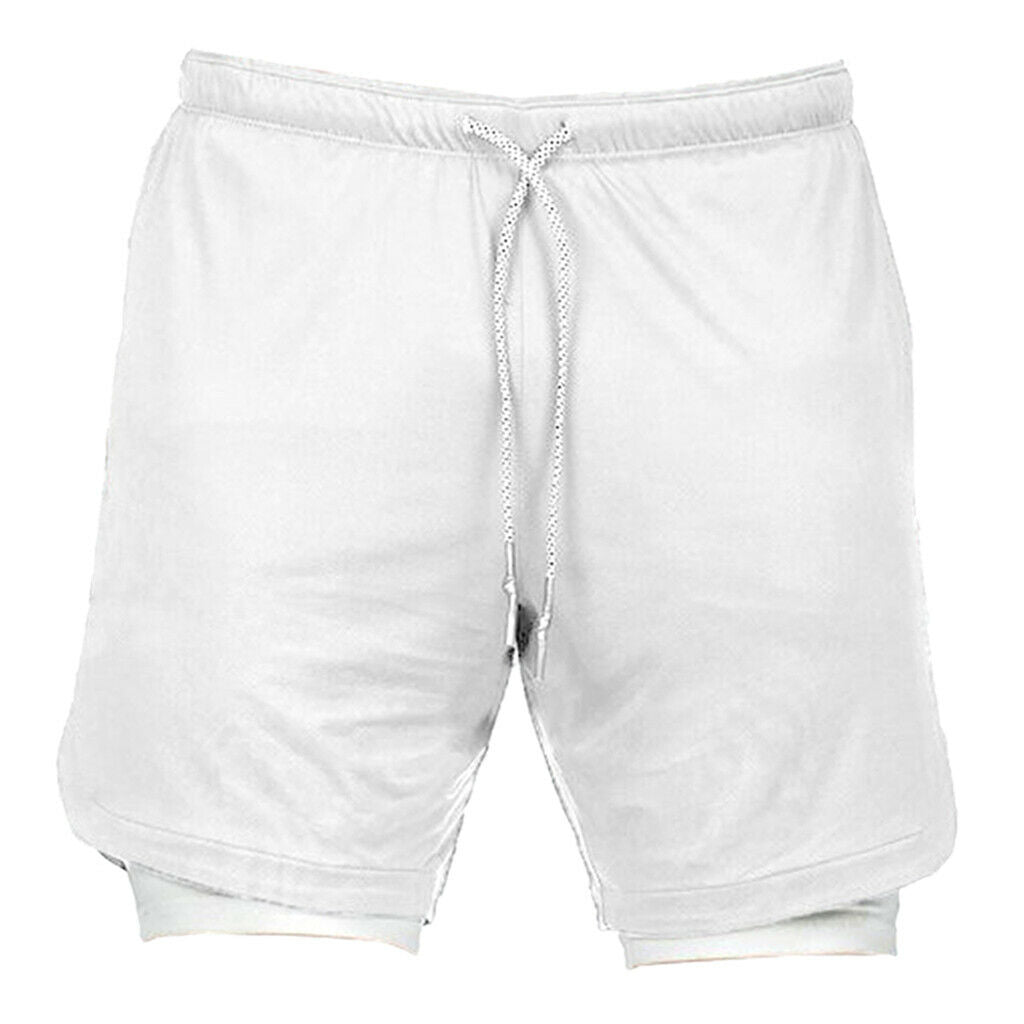 Men 2 in 1 Running Shorts Built In Base Layer Pants Pocket White XL
