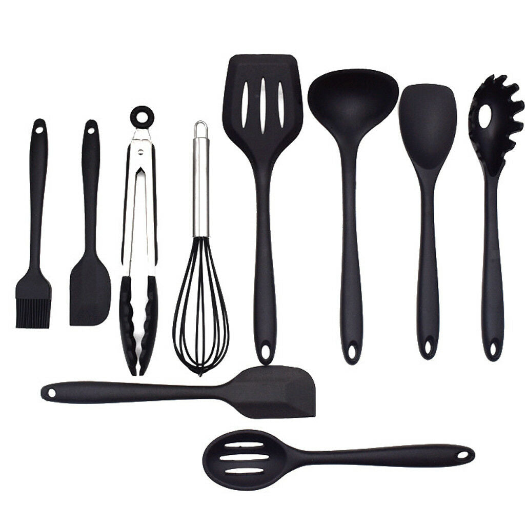 Household Silicone Cooking Kitchen Utensil Tools Spoon Spatula Black 10pcs