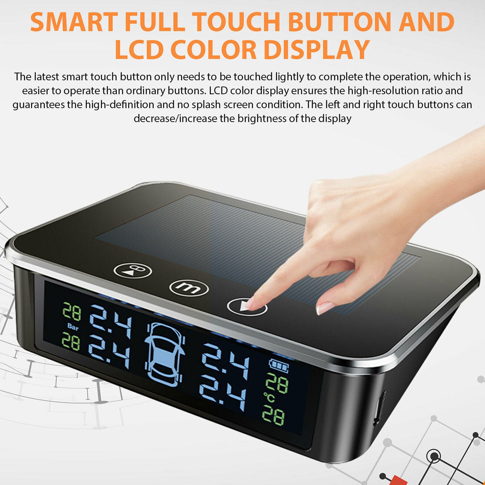 Wireless Touch Solar TPMS LCD Car Tire Pressure Monitoring System 4-Sensor Alarm