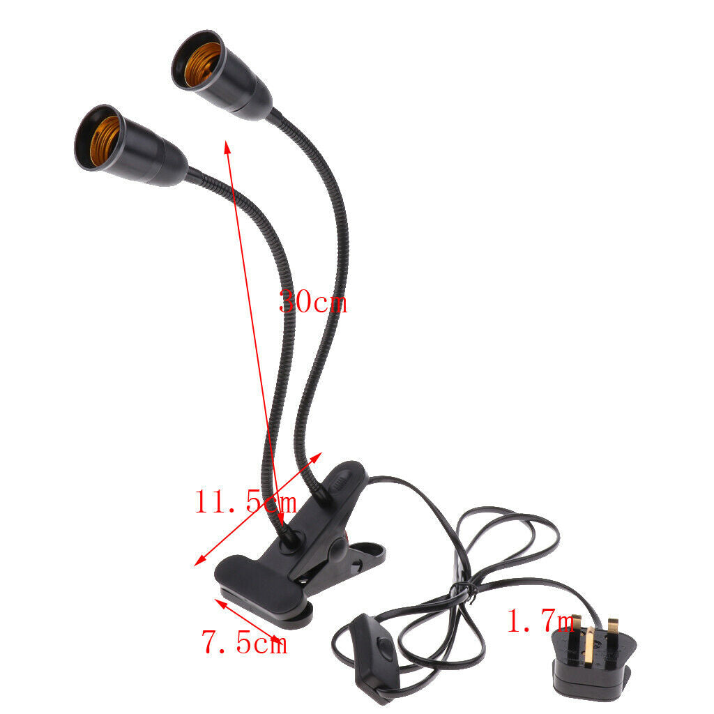 UK Plug E27 2-head Clip on Reading Light Base Desk Reading Lamps Socket Black