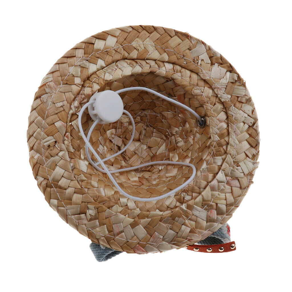Pet Dog Cat Party Costume Accessory Straw Sombrero Hat Adjustable Buckle Denim M