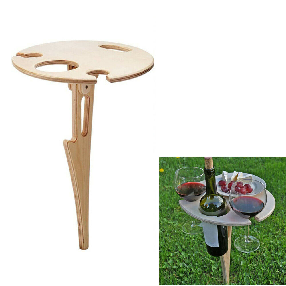 Portable Outdoor Wine Table with Foldable Wooden Round Desktop for Garden Party