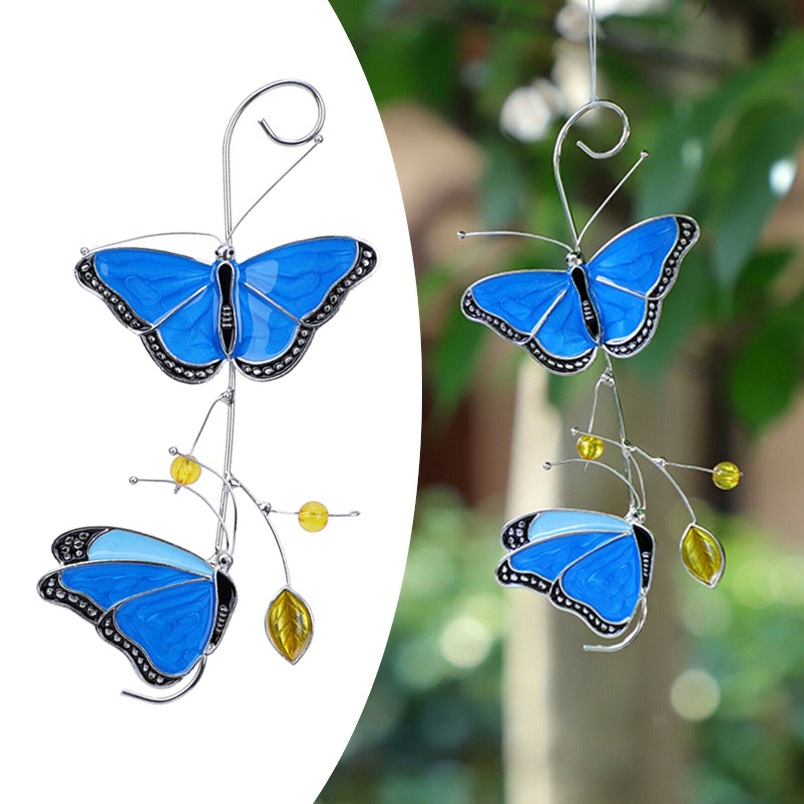 Blue Butterfly Stained Glass Suncatcher Hanging Panel Garden Decoration