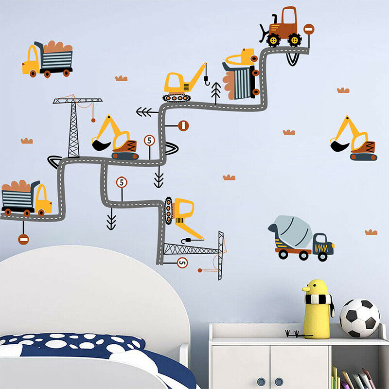 Cartoon Excavator Road Wall Stickers For Kids Baby Rooms Boys mural artM Qx