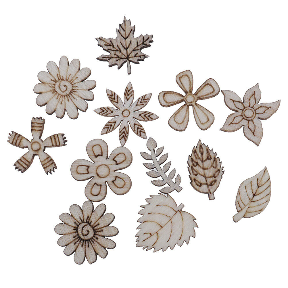100pcs Wood Flowers and leaves Embellishment Wooden Shape Craft Wedding DecoY SJ