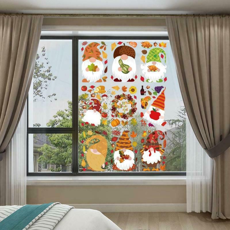 9 Pcs Harvest Festival Window Cling Gnome Stickers Thanksgiving Maple Leaf Dwarf