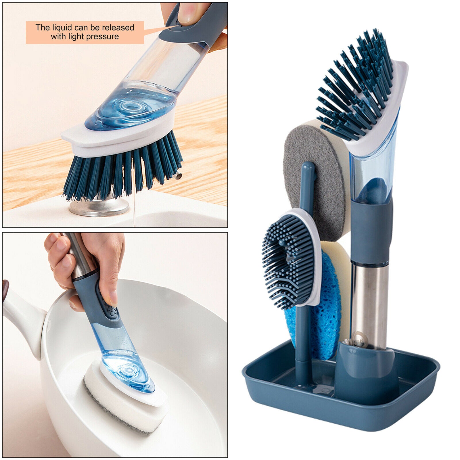Kitchen Cleaning Brush Set Soap Dispensing Scrub Brush Cleaner Drying Holder