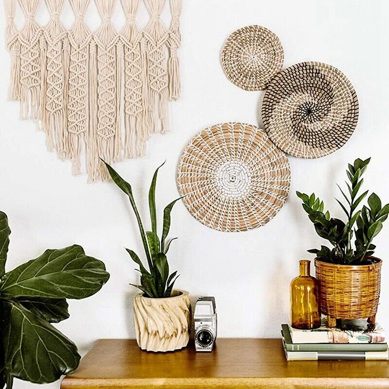 Handmade Hanging Wall Basket Decor(Set of 3)Round Woven Basket ,Boho Home DeT5P7