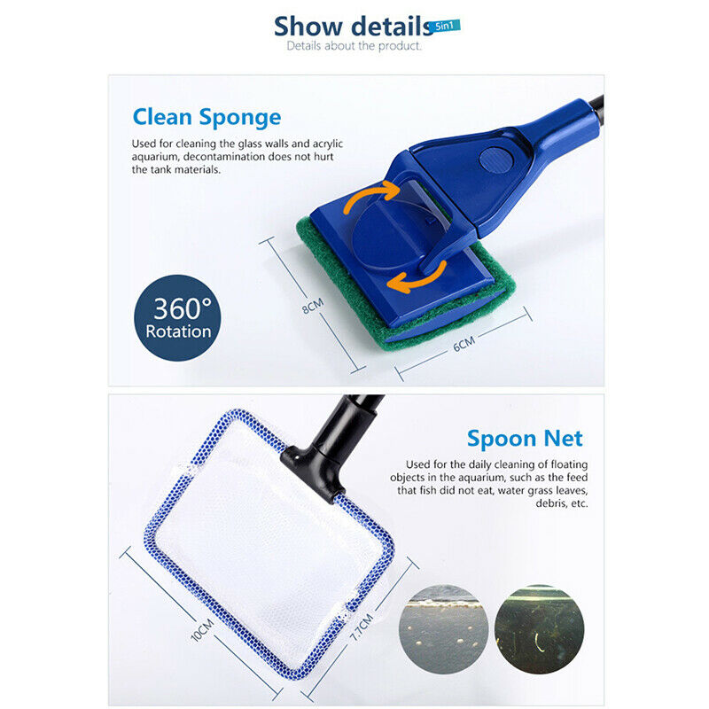 5 in 1 Aquarium Cleaning Tools Aquarium Tank Fish Net Gravel Rake Algae ScrDDAU