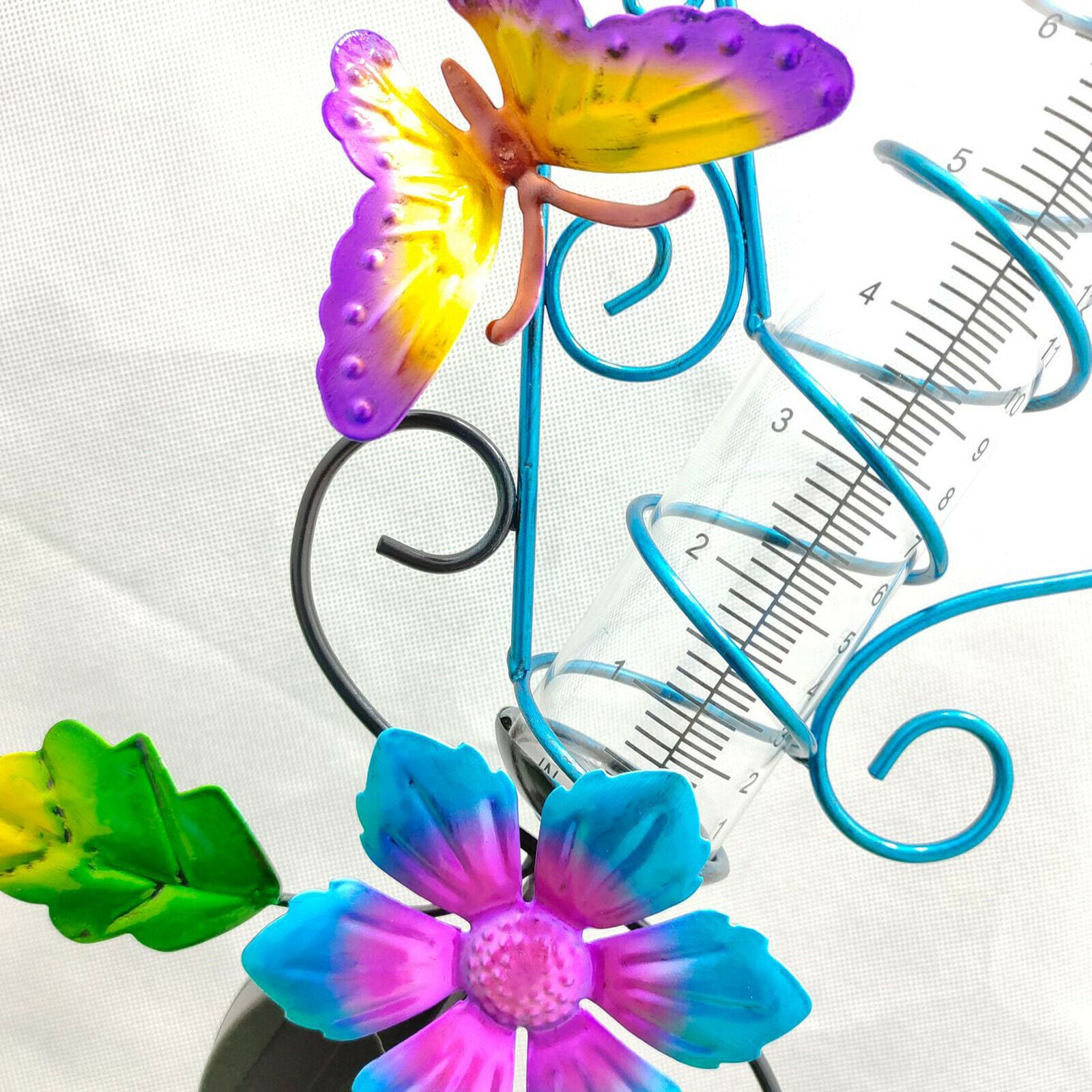 Solar Powered LED Lighted Metal Butterfly Flower Rain Gauge Garden Stakes Light