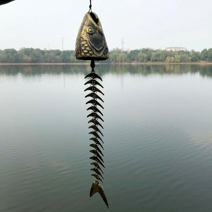 Metal Cast Iron Bronze Fish Bone Bell Wind Chime Home Garden Decor21'' /53cm