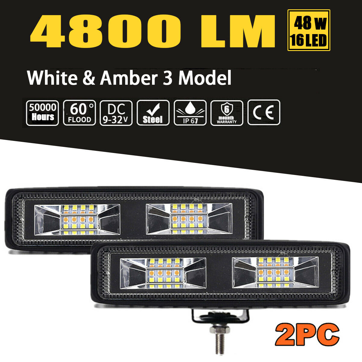 White & Amber 6 Inch LED Work Light Bar Flood Beam OffRoad Driving Fog Lamp 2Pcs
