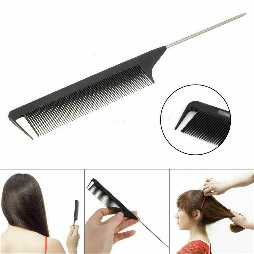 8.66"/22cm Fine-tooth Metal Pin Hairdressing Hair Style Rat Tail Comb Black Tool