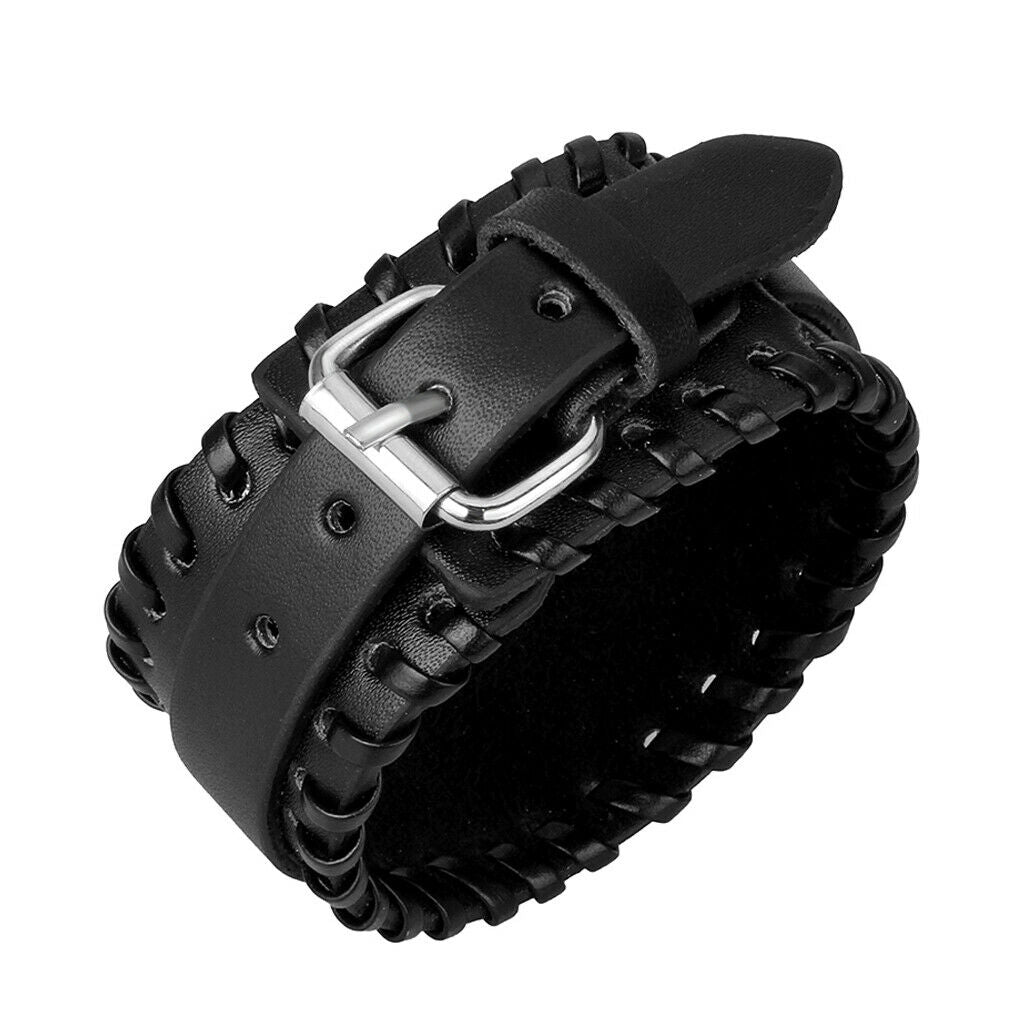 Unisex Punk Braided Rope Alloy Leather Bracelet Bangle Wristband  Black