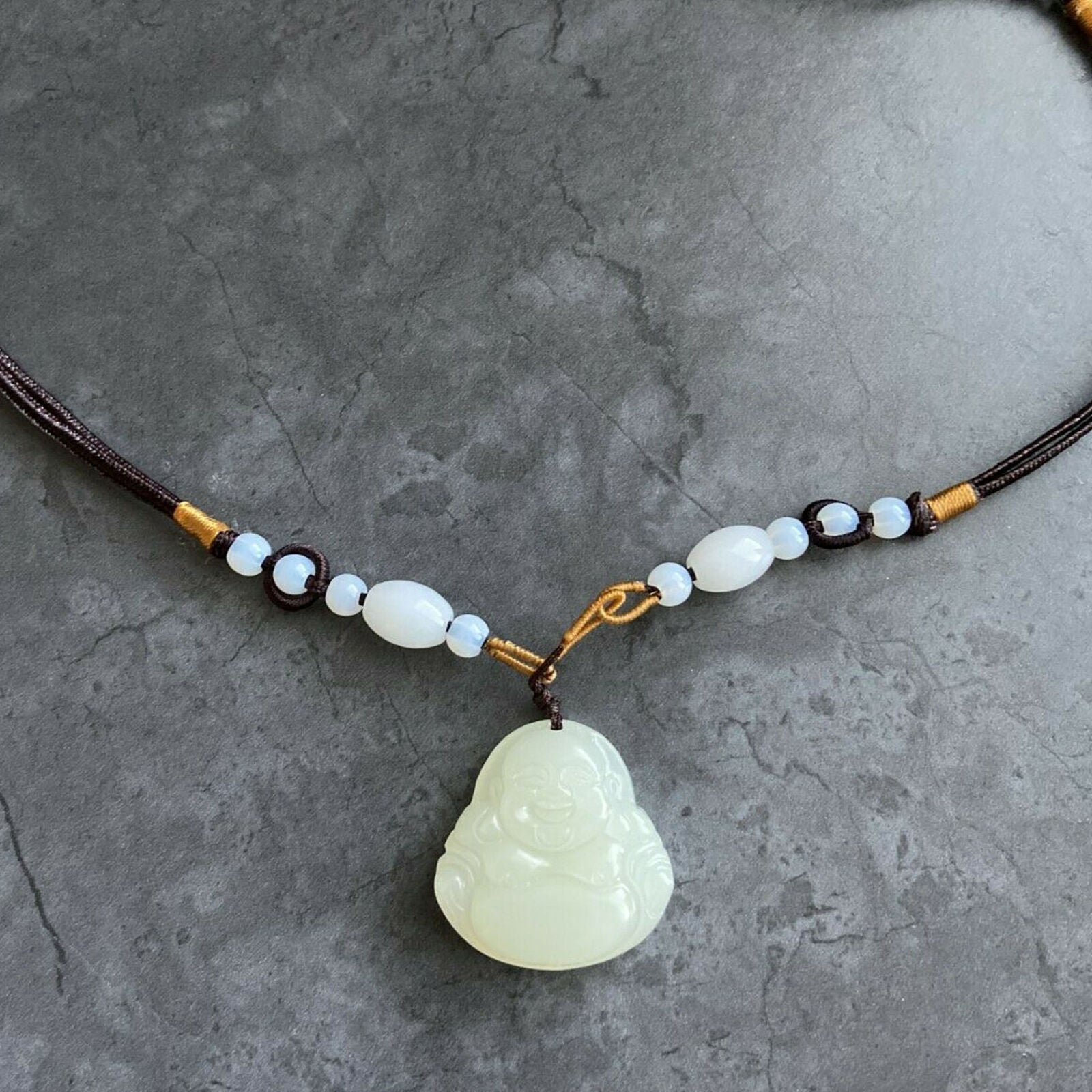 Laughing Buddha Jade Pendant Necklace with Adjustable String Luck Protection