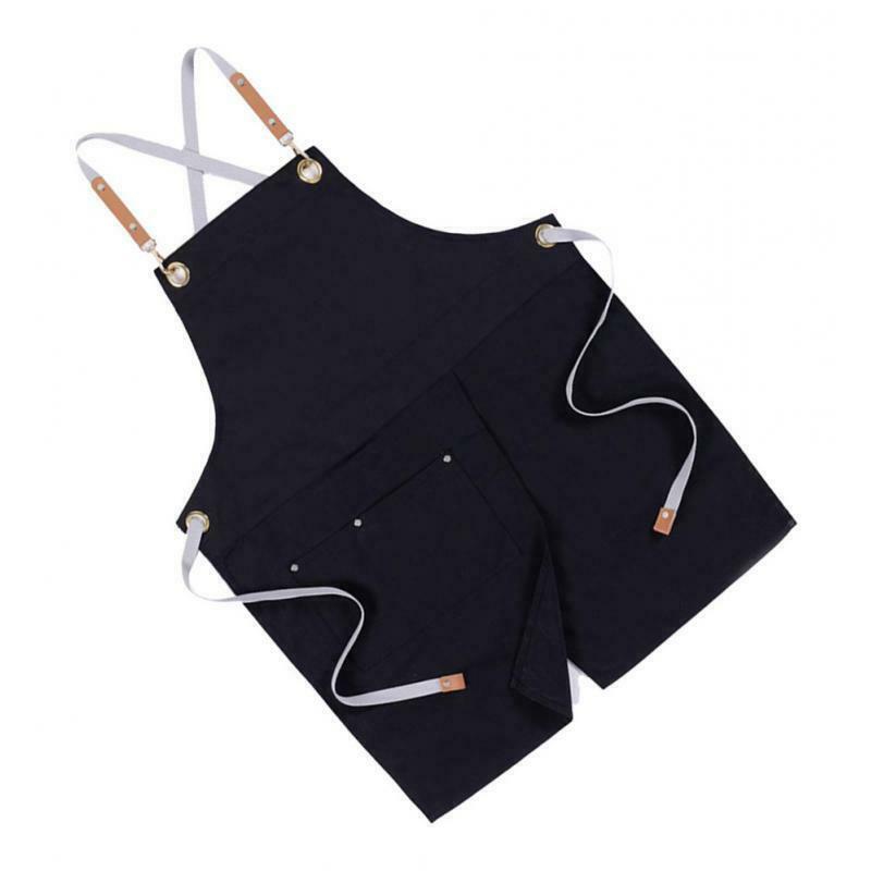 2Pcs Black Denim Apron Unisex Kitchen Bar Leather Cross Back Straps