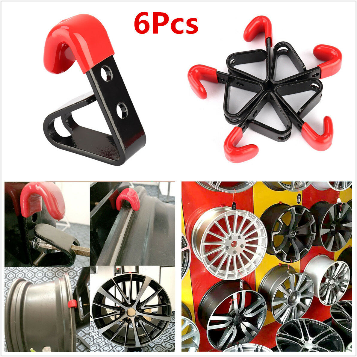 6Pcs 35KG Metal Bolt on "J" Wheel Rim Hub Display Wall Mounted Hanging Hooks