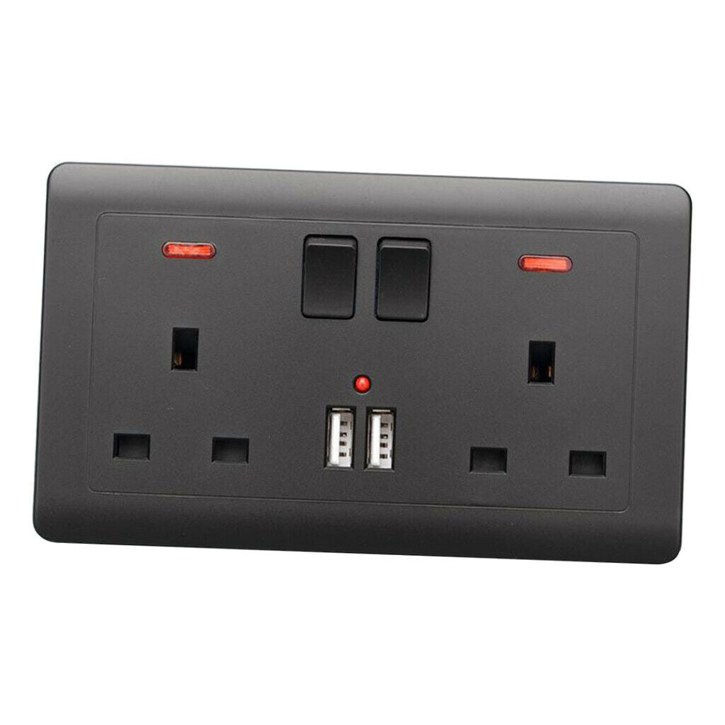 2 Gang 13A British Wall Switch Double Sockets with 2 Ultra USB Outlet Black