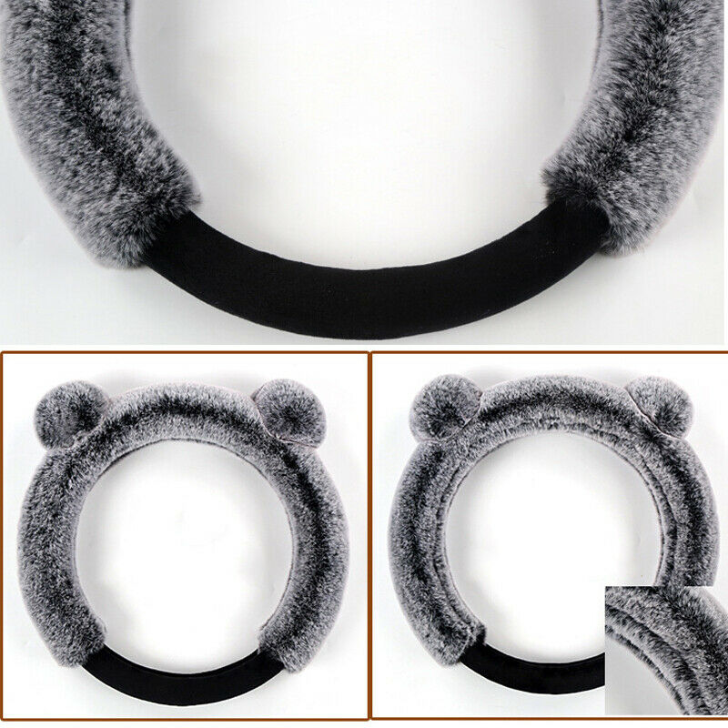 3Pcs/Set Fur Wool Furry Fluffy Thick Car Steering Wheel Cover Gray  Winter 38cm