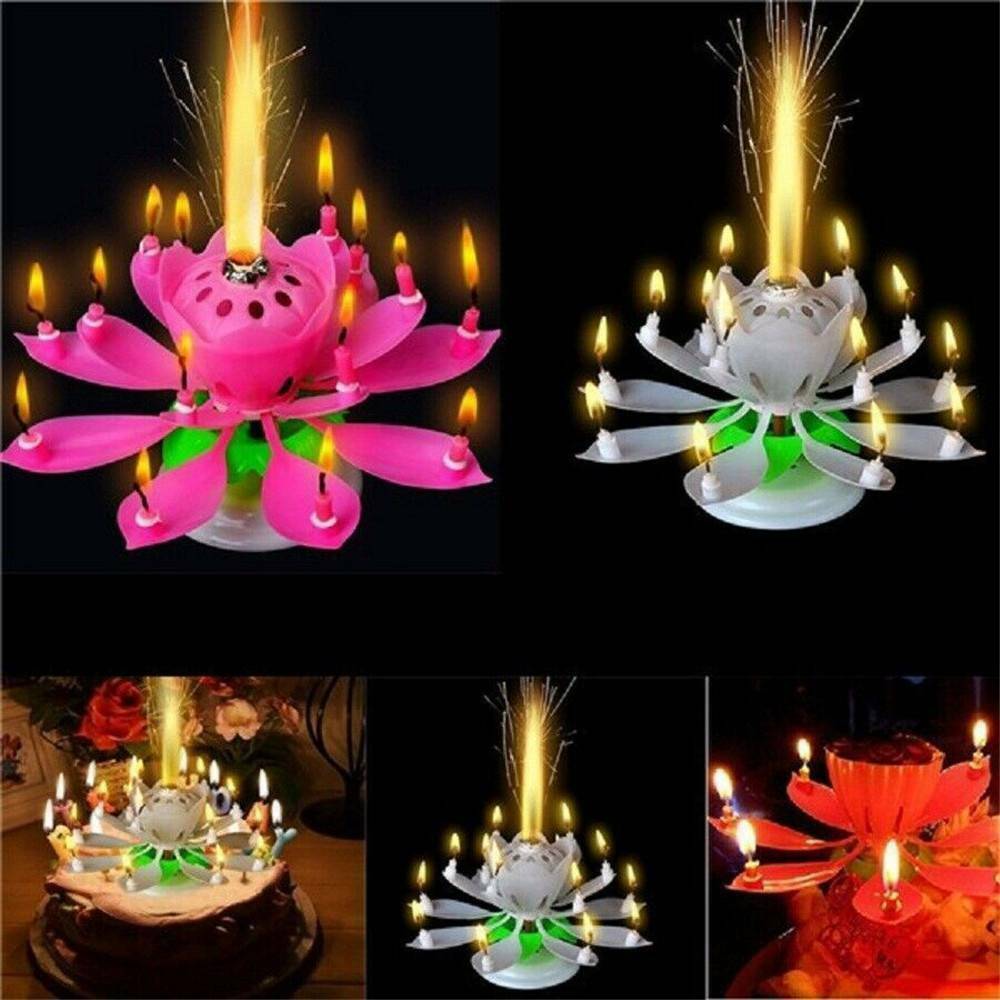 Musical Charming Lotus Flower Rotating Happy Birthday Party Lights Candle Gifts