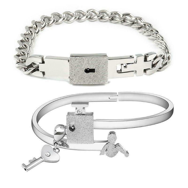 His Hers Love Heart Key Lock Macthing Bangle Bracelets  Lovers Jewelry Set Gifts