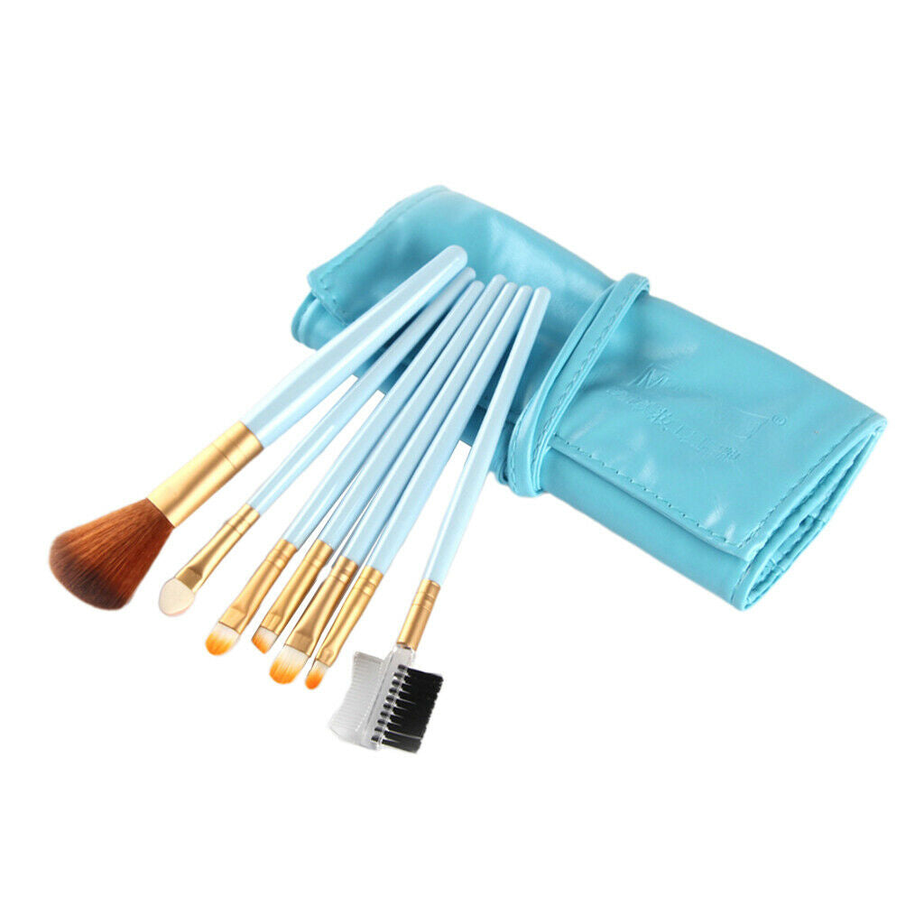 7Pcs Professional Eye MakeupBrush Set W/Pouch For Eye Shader Eyeliner Blue