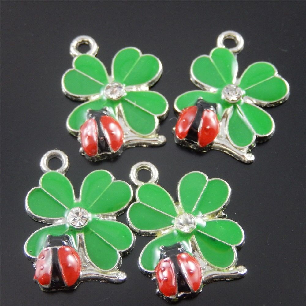 10pcs Green And Red Color Clover  ladybug Enamel Pendant Charm Finding 37058
