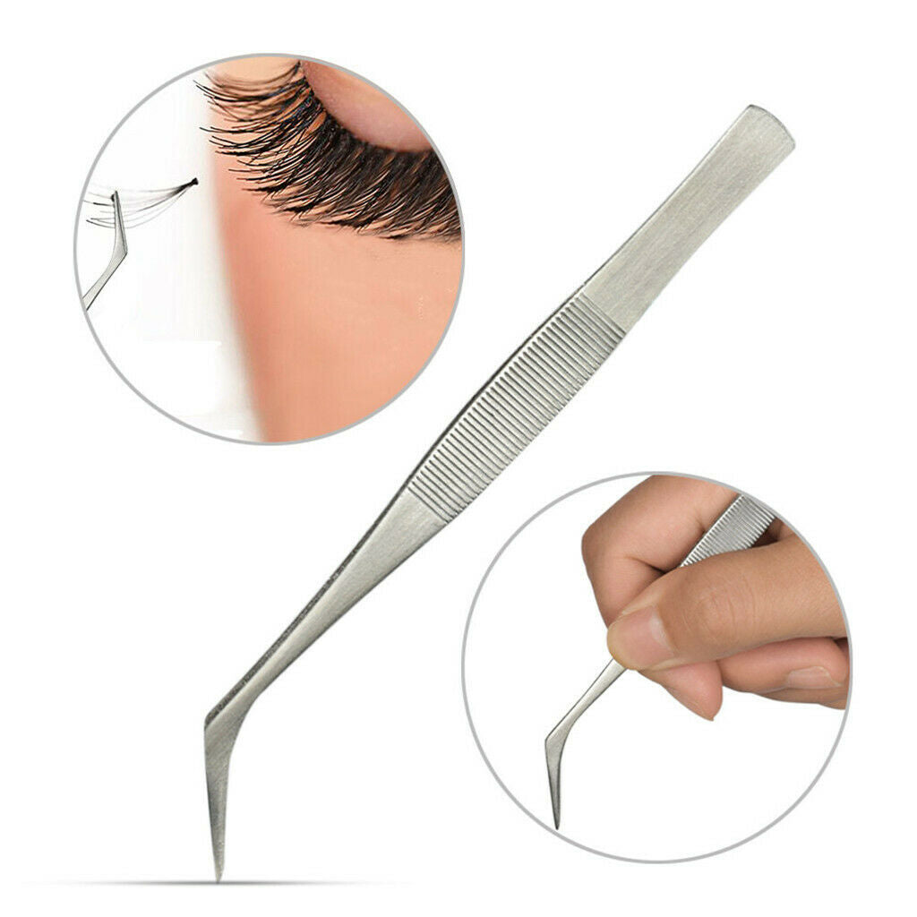 2Pcs Eyelash Tweezers Curved Flat Clip Extension False Lash Applicator Clamp