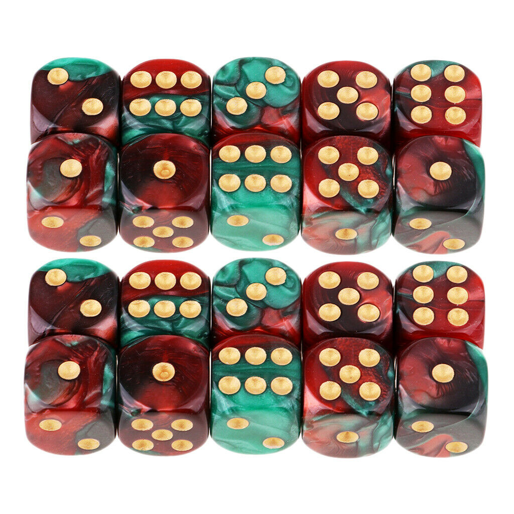Set of 20, 6 Sided 16mm Gaming Dice Set Red and Green with Golden Pips