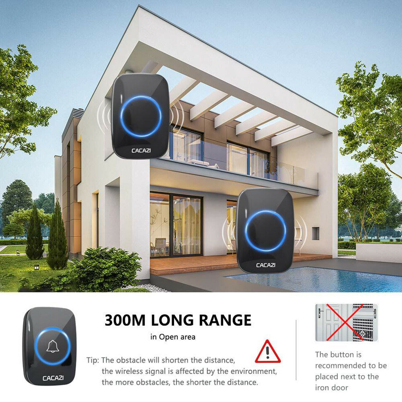 Wireless Door Bell Transmitter Kit Waterproof for Home Office UK Black