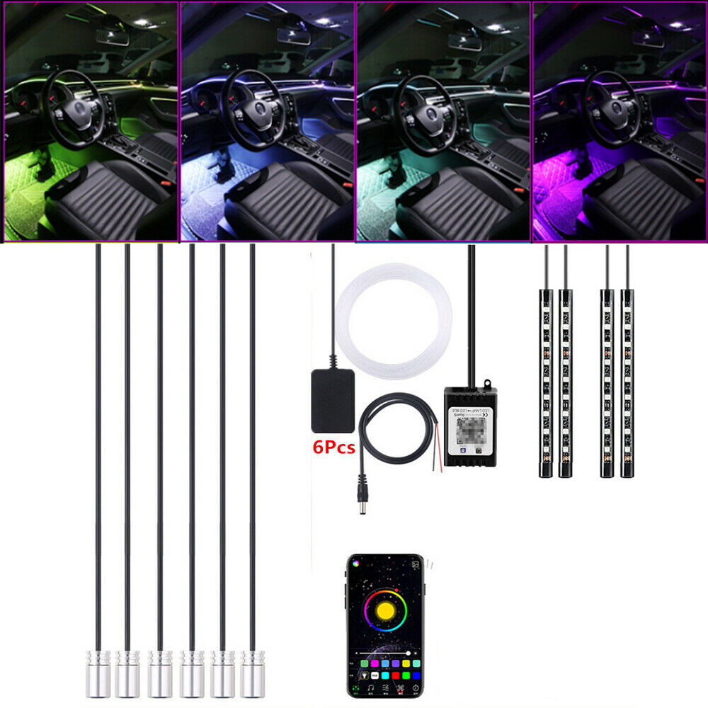10x Car Atmosphere Light 64Colors RGB LED Fiber Optic Strip Bluetooth APP Remote