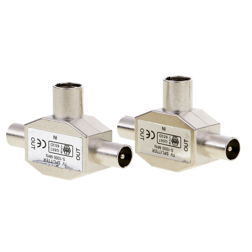 2pcs TV Aerial Coaxial Signal Splitter 2-Way 1 Female to 2 Male Connector