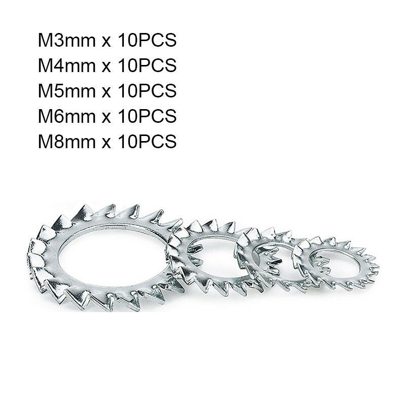 50pc M3,4,5,6,8 External Serrated Tooth Shakeproof Lock Washer Kit A2 Stainless