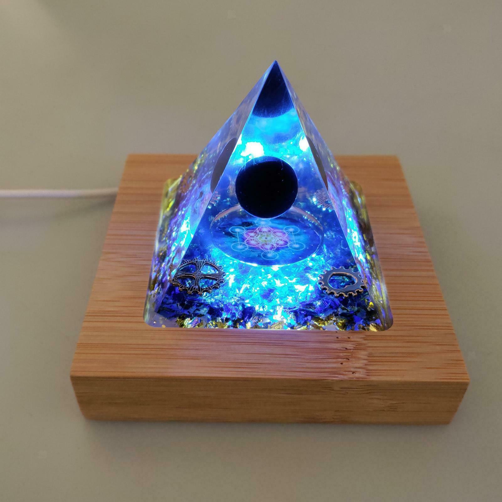 60mm Orgone Pyramid w/ Light Base Quartz Blue Crystal Tower Meditation