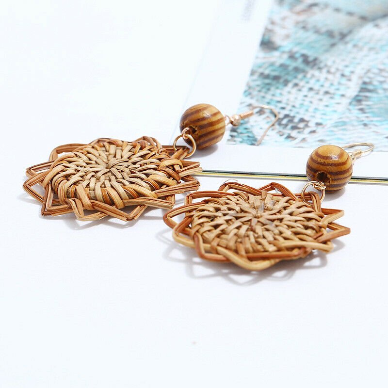 Handmade Wood Bamboo Rattan Geometric Pendant Ear Stud Earrings Women Jew.l8
