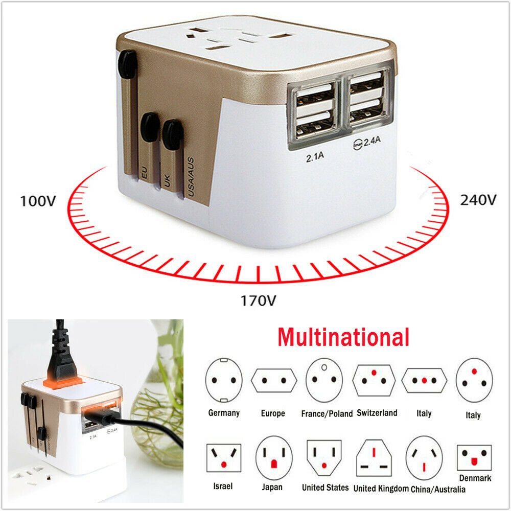 4 USB Travel Switch Plug Adapter Charger Converter Dual AC Power 110-240V 6 Amp