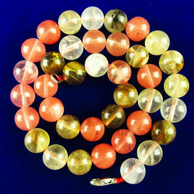 12mm Volcano Cherry Quartz Round Beads Pendant Necklace 17.5 inch 78g A-512DP